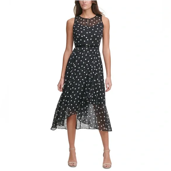 Tommy Hilfiger | Dresses | Tommy Hilfiger Black And White Polka Dot Belted Chiffon  Midi Dress | Poshmark